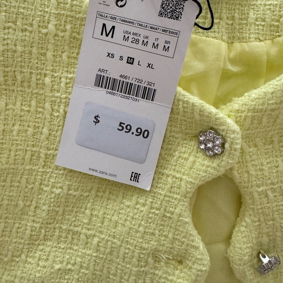 Zara- NWT Yellow Shortsleeve Scalloped Diamond Button Down Blazer Jacket - Picture 3 of 7